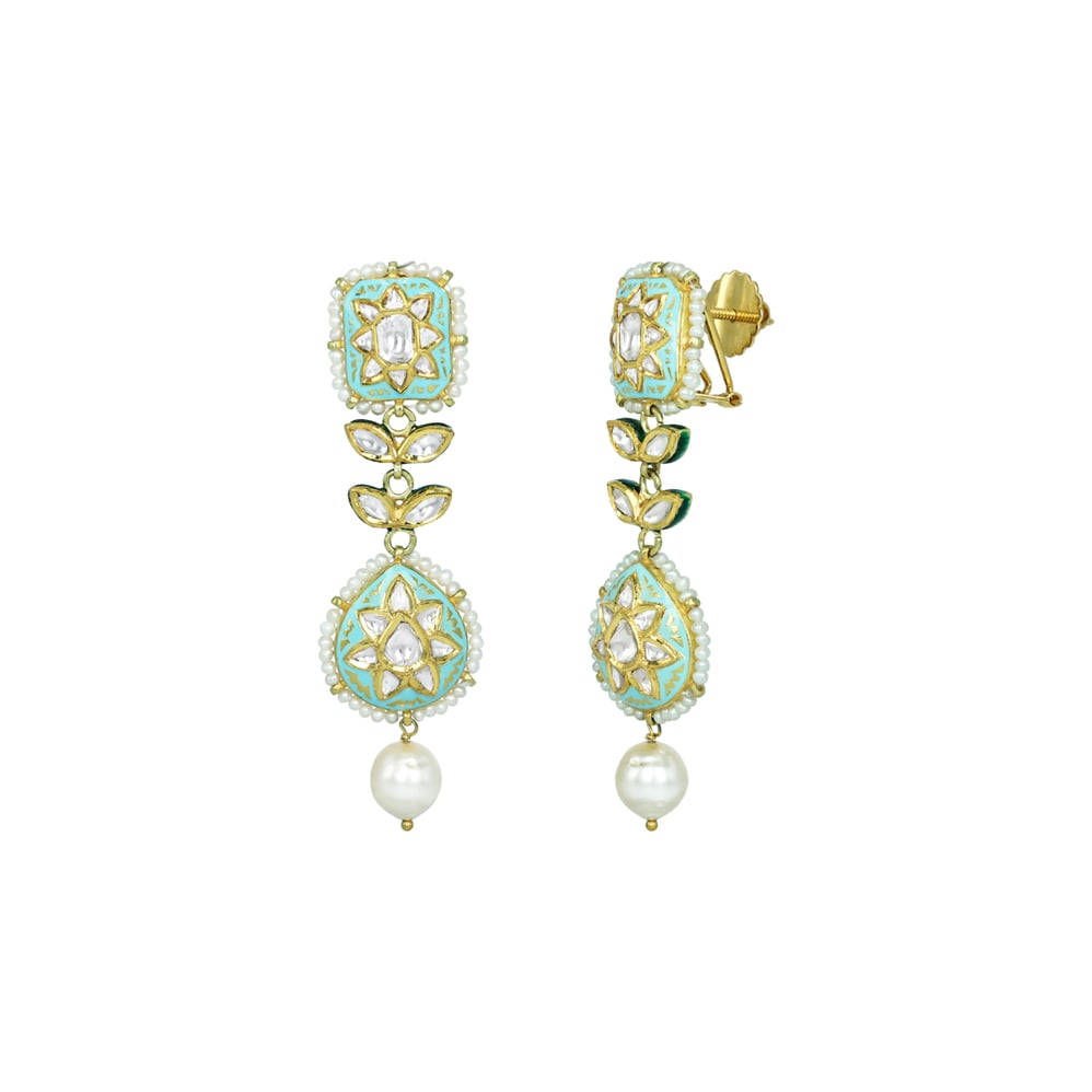 Square and Teardrop Polki Earrings with Turquoise Enamel and Pearl Drop